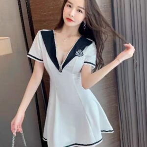 Deep V-Neck One Piece A-Line Dress for College Students